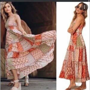 ABEL THE LABEL Anthropologie Marakech Gypsiana Patchwork Smocked Maxi Dress, M